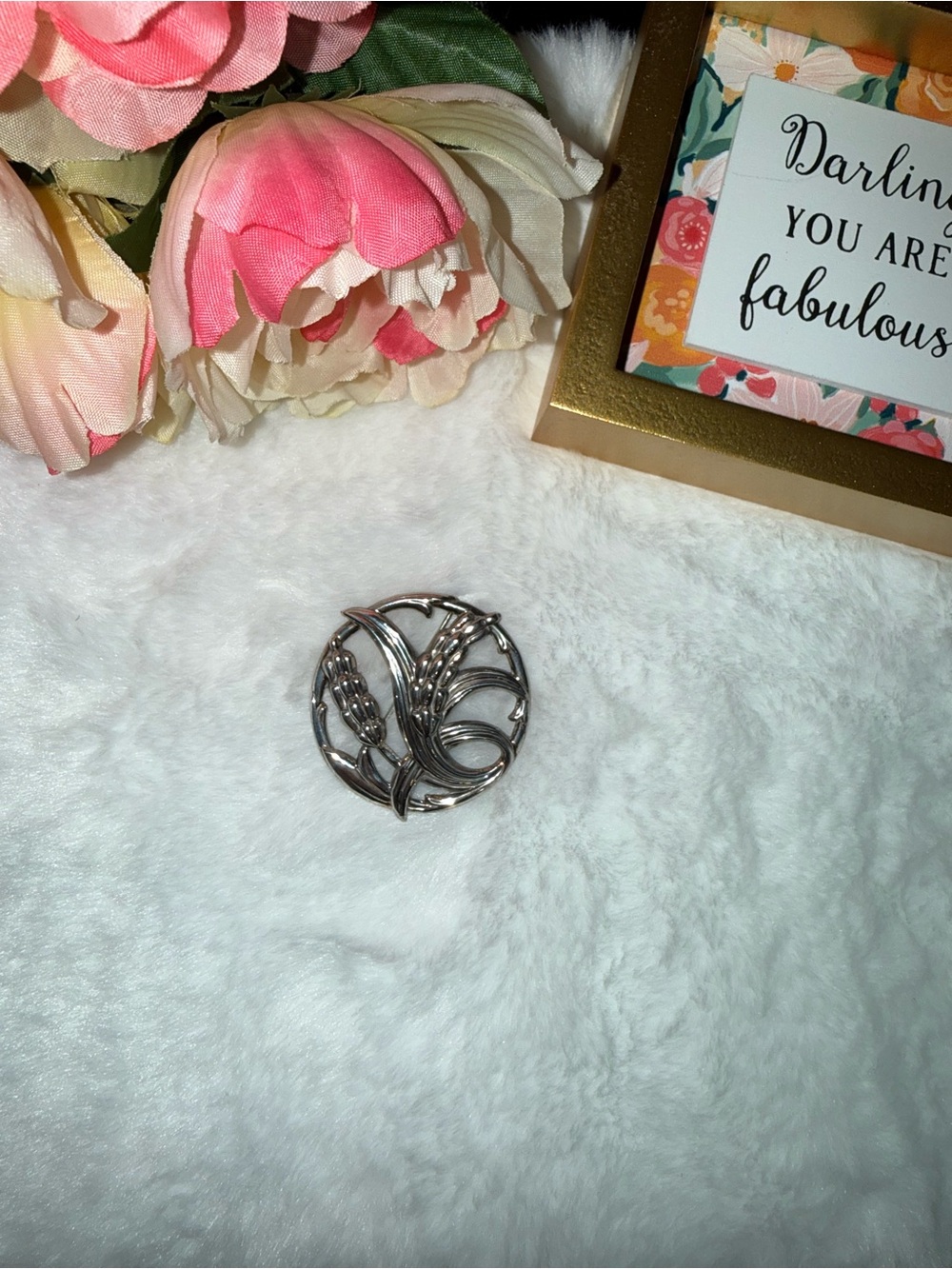 Vintage Danecraft Sterling Silver Wheat Brooch Round Floral Pin